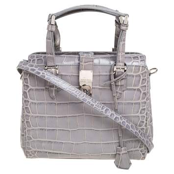 Pre Owned Giorgio Armani Grey Croc Embossed Leather  Flap Top Handle Bag