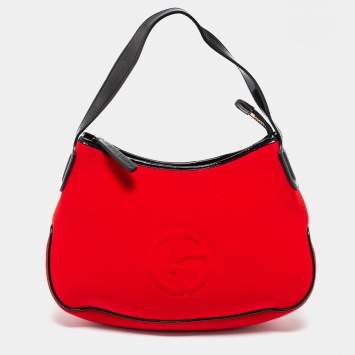 Pre Owned Giorgio Armani Red Neoprene And Patent Leather Hobo Bag