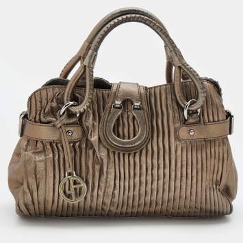 Pre Owned Giorgio Armani Metallic Silver Pleated Leather Satchel