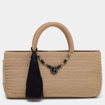 Pre Owned Giorgio Armani Beige Fabric Embellished Tote