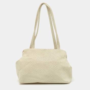Pre Owned Giorgio Armani Cream Python Embossed Leather Kisslock Satchel