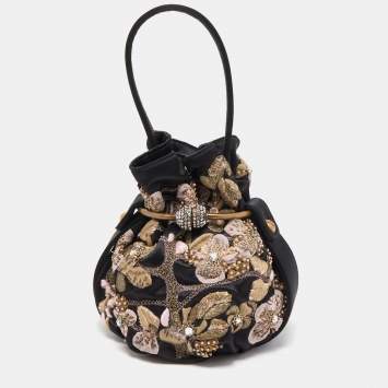 Pre Owned Giorgio Armani Black Satin Floral Embroidered Crystals Bucket Clutch Bag