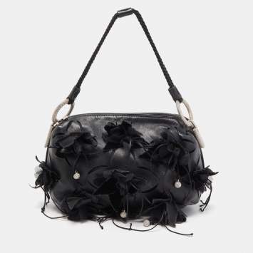 Pre Owned Giorgio Armani Black Leather Floral and Crystal Embellished Bag