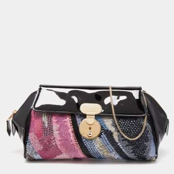 Pre Owned Giorgio Armani Black/Multicolor Patent Leather Beaded Shoulder Bag