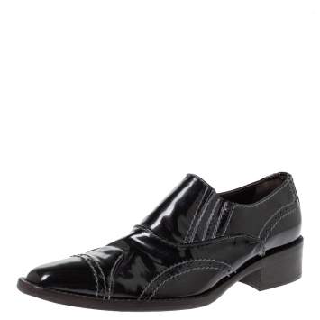 Pre Owned Giorgio Armani Black Patent Leather Stitch Detailed Slip On Loafer Size 38.5