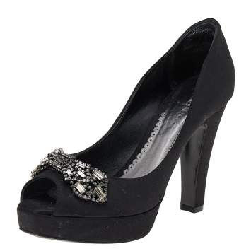 Pre Owned Giorgio Armani Black Satin Crystal Embellished Peep Toe Platform Pumps Size 36