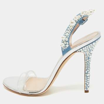 Pre Owned Giuseppe Zanotti Blue Suede and PVC Beaded Slingback Sandals Size 40