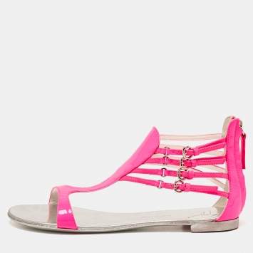 Pre Owned Giuseppe Zanotti Neon Pink Patent Leather Roll Flat Sandals Size 37