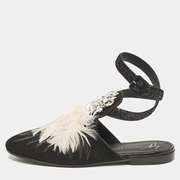 Pre Owned Giuseppe Zanotti Black/Pink Feather and Suede Ankle Strap Mules Size 38