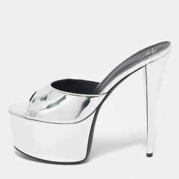 Giuseppe Zanotti Silver Leather Platform Slide Sandals Size 41