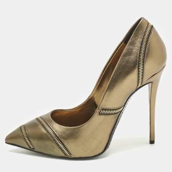 Pre Owned Giuseppe Zanotti Bronze Metallic Leather Zipper Accent Pumps Size 37