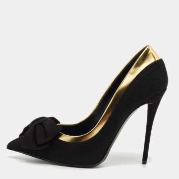 Pre Owned Giuseppe Zanotti Black/Gold Suede and Leather Bow Pumps Size 37.5