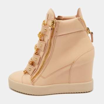 Pre Owned Giuseppe Zanotti Beige Leather Royce Chain Wedge Sneakers Size 39