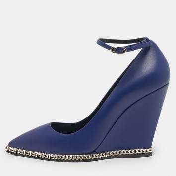 Pre Owned Giuseppe Zanotti Blue Leather Yvette Chain Wedge Pumps Size 37.5