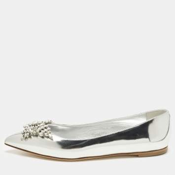 مملوكة مسبقًا Giuseppe Zanotti Size 38 Silver Leather Crystal Embellished Ballet Flats