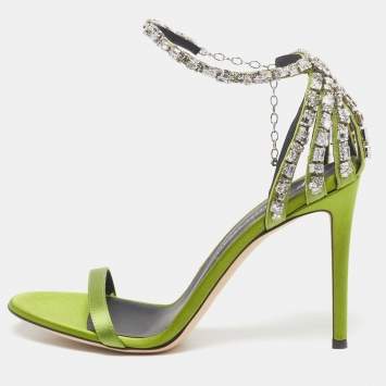 Pre Owned Giuseppe Zanotti Adele Size 38 Green Satin Crystal Embellished  Ankle Strap Sandals