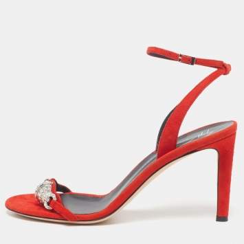 Pre Owned Giuseppe Zanotti Size 38 Red Suede Crystal Embellished Ankle Strap Sandals