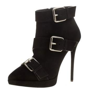 Pre Owned Giuseppe Zanotti Black Buckled Suede Platform Ankle Boots Size 38.5