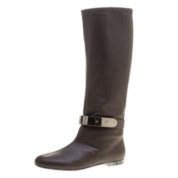 Pre Owned Giuseppe Zanotti Brown  Leather Logo Plaque Flat Over the Knee Boots Size 38