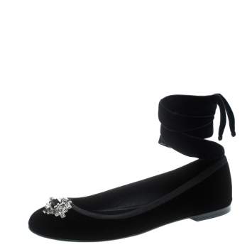 Pre Owned Giuseppe Zanotti Black Velvet Giorgia Crystal Crooch Ankle Wrap Ballet Flats Size 38