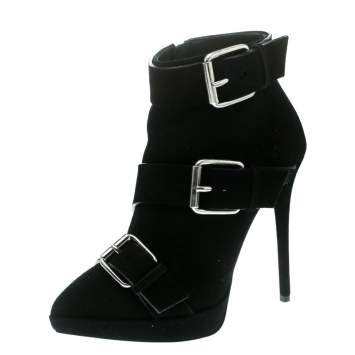 Pre Owned Giuseppe Zanotti Black Buckled Suede Platform Ankle Boots Size 37