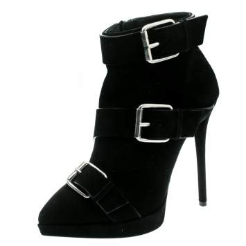 مملوكة مسبقًا Giuseppe Zanotti Black Buckled Suede Platform Ankle Boots Size 38
