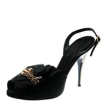 Pre Owned Giuseppe Zanotti Black Satin Peep Toe Slingback Sandals Size 36.5