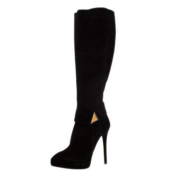 Pre Owned Giuseppe Zanotti Brown Suede Pyramid Stud Platform Knee Boots Size 37