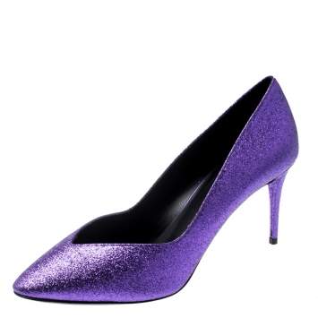 Pre Owned Giuseppe Zanotti Purple Glitter Olinda V Throat Pumps Size 38.5
