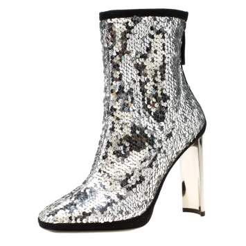 Pre Owned Giuseppe Zanotti Metallic Silver Sequin Stretch Ankle Boots Size 37