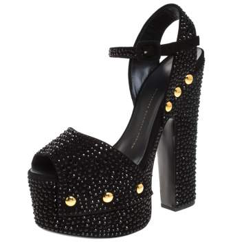 Pre Owned Giuseppe Zanotti Black Crystal Embellished Suede Platform Ankle Strap Sandals Size 40