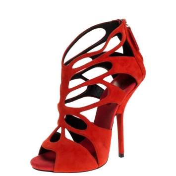 Pre Owned Giuseppe Zanotti Red Suede Cut out Peep Toe Booties Size 37