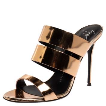 Pre Owned Giuseppe Zanotti Metallic Gold Leather Strappy Slide Sandals Size 38
