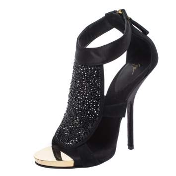 Pre Owned Giuseppe Zanotti Black Satin and Suede Crystal Embellished Ankle Strap Sandals Size 38