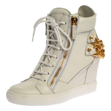 Pre Owned Giuseppe Zanotti White Leather Chain Detail High Top Wedge Sneakers Size 40