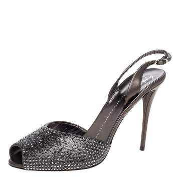 Pre Owned Giuseppe Zanotti Grey Leather Crystal Embellished Slingback Peep Toe Sandals Size 40