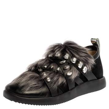 Pre Owned Giuseppe Zanotti Black Suede and Fur Christie Crystal Embellished Slip On Sneakers Size 39
