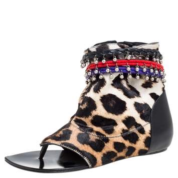 Pre Owned Giuseppe Zanotti Brown Animal Print Charm Flat Sandals Size 37