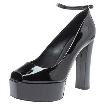 Pre Owned Giuseppe Zanotti Black Patent Leather Platform Peep Toe Ankle Cuff Pumps Size 40