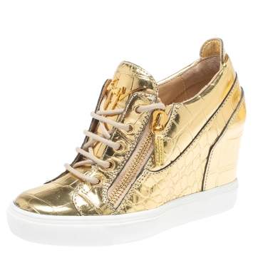 Pre Owned Giuseppe Zanotti Gold Croc Embossed Leather Double Zip Wedge Sneakers Size 37