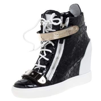 Pre Owned Giuseppe Zanotti Black Python Embossed Patent Leather Lorenz Wedge High Top Sneakers Size 37