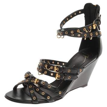 Pre Owned Giuseppe Zanotti Black Leather Eyelet Ankle Strap Wedge Sandals Size 36