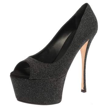 Pre Owned Giuseppe Zanotti Black Glittered Suede Open Toe Platform Pumps Size 39