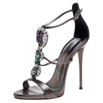 Pre Owned Giuseppe Zanotti Metallic Grey Crystal Embellished Strappy Sandals Size 40