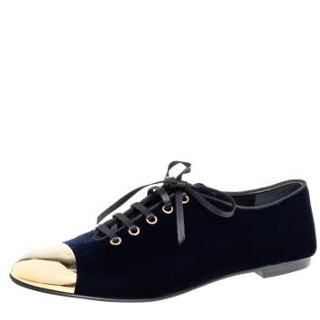 Pre Owned Giuseppe Zanotti Blue Velvet Gold Tone Cap Toe Oxford Flats Size 41