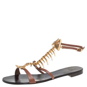 Pre Owned Giuseppe Zanotti Brown Leather Fish Embellished Strap Flats Size 36