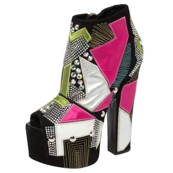 Pre Owned Giuseppe Zanotti Multicolor Suede And Leather Geometric Platform Ankle Booties Size 39