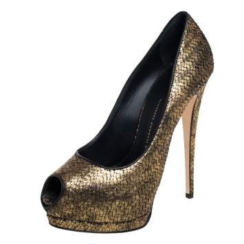 Pre Owned Giuseppe Zanotti Metallic Gold Python Embossed Leather Peep Toe Platform Pumps Size 40