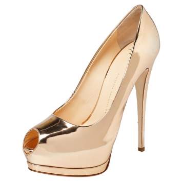 Pre Owned Giuseppe Zanotti Gold Mirrored Leather Peep Toe Platform Pumps Size 41
