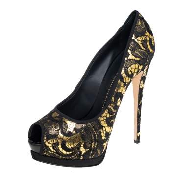 Pre Owned Giuseppe Zanotti Black/Gold Leather and Lace Peep Toe Platform Pumps Size 41
